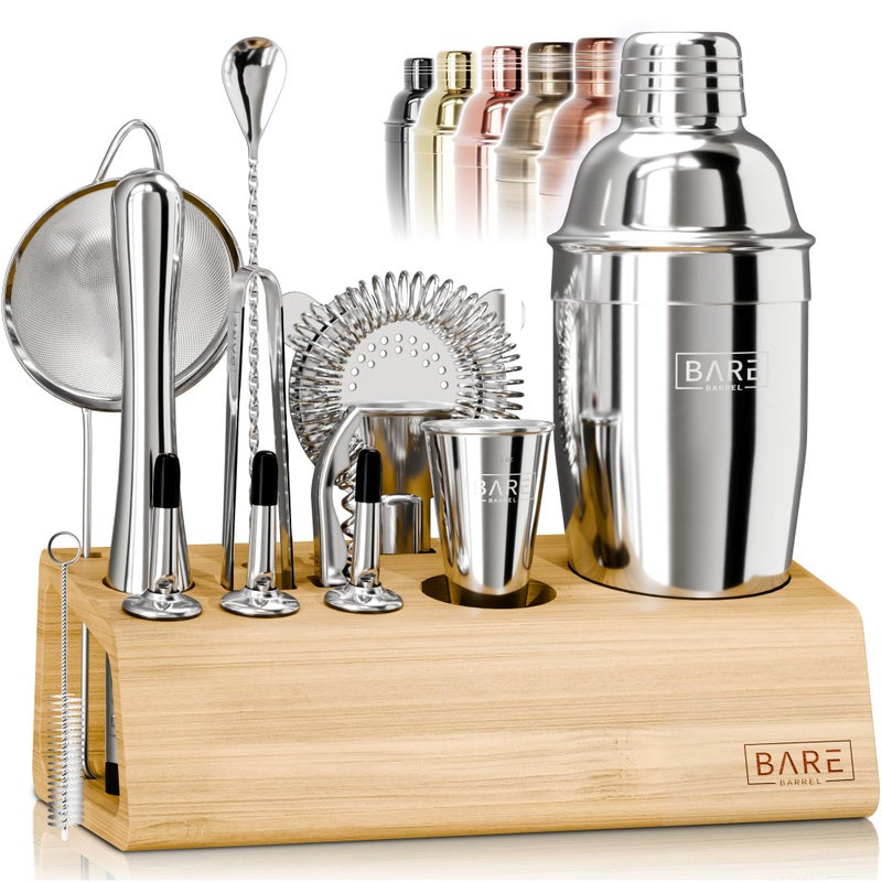 BARE BARREL Mixology Bartender Kit Bar Set | 14-Piece Cocktail Shaker Set | Martini Barware Mixing Tools for Home Bartending | Incl. 35 Recipe Cards | Gift Set (24oz Cobbler Shaker  Silver/Natural) - Image 1